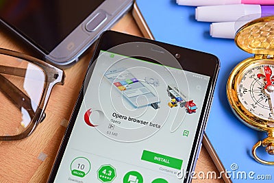 Opera browser beta dev application on Smartphone screen. Editorial Stock Photo