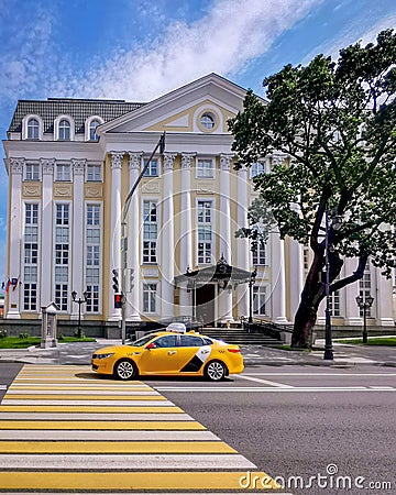Opera Center of Galina Vihnevskaya and yellow taxi Stock Photo
