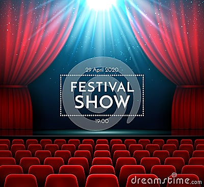 Opera show stage interior with red curtain, spotlight and theater chairs. Theater poster of festival night shows. Vector Vector Illustration