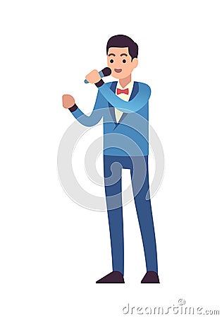 Opera singer performance. Male classic musician with microphone sings song in blue suit, entertainment concert, vocalist Vector Illustration
