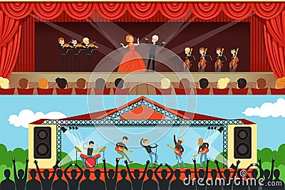 Opera Singers and Rock Band Performing on Stage in Front of Audience Vector Illustration Vector Illustration