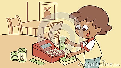 Operating the register: Child pretending to be a cashier, learning basic transactions vector design Generative AI Vector Illustration