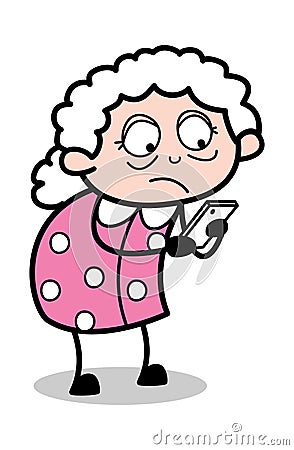 Operating Smartphone - Old Cartoon Granny Vector Illustration Stock Photo