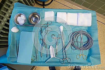 On operating table lie the instruments for a proctoscopic procedure Stock Photo
