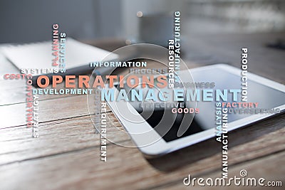 Operation management concept. Words cloud on virtual screen. Stock Photo