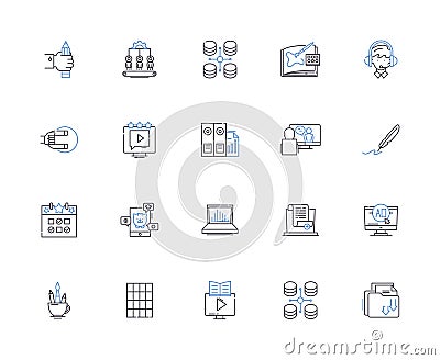 Operations management outline icons collection. Planning, Scheduling, Costing, Organizing, Structure, Control, Quality Vector Illustration
