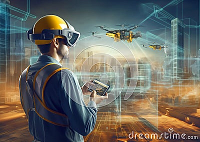 Operator with a AR headset controlling drone over a futuristic construction site Stock Photo