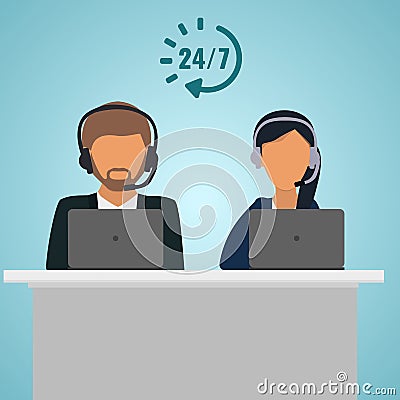 Operator consultants woman and man at the table with laptop. Call center service 24 hours. Conceptual of client services and comm Stock Photo