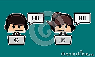Operator employee male and female cute characters. Call center cartoon. Customer service design concept. Illustration vector Vector Illustration