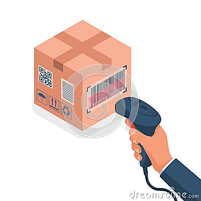 The operator holds a barcode scanner hand Vector Illustration