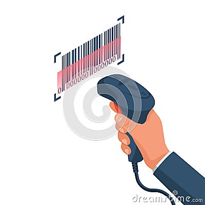 The operator holds a barcode scanner hand vector isometric Vector Illustration