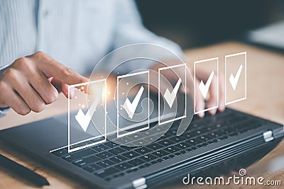 operator makes mark on the survey topic ,In virtual form check sheet, checklist ideas, checkbox to conduct opinion and quality Stock Photo