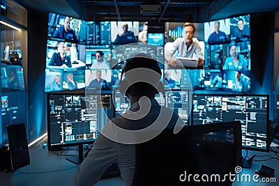 Operator Monitors Multiple Screens Displaying Video Feeds of a Conference, Managing Data Streams Efficiently and Effectively in a Stock Photo