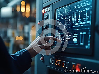 The operator is recalibrating the machine control panel using IIoT alerts for optimal accuracy Stock Photo