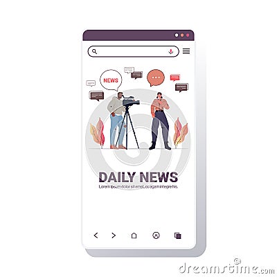 Operator with reporter presenting live news journalist and cameraman doing report movie making concept Vector Illustration