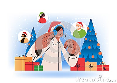 operator in santa hat with headset chatting with clients call center contact customer support service happy new year Vector Illustration