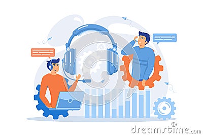 Operator wearing headset at computer cold calling to a potencial client. Cold calling, old school marketing, Vector Illustration