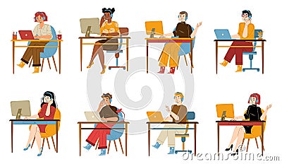 Operators in headset working in call center Vector Illustration
