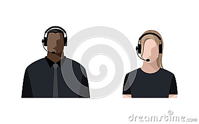 Operators are young men and women online, wearing headphones with a microphone, headset Vector Illustration