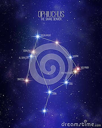 Ophiuchus the snake bearer zodiac constellation map on a starry space background with the names of its main stars. Stars relative Stock Photo