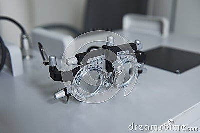 Ophthalmic glasses laying on the white table in the clinic Stock Photo