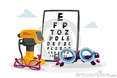 Ophthalmological Equipment Chart for Eyesight Check Up, Auto Refractometer and Eyeglasses. Oculist Optician Devices Vector Illustration