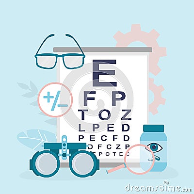 Ophthalmological tools for vision testing. Examination by optician. Vision correction and healthcare, concept banner. Snellen Eye Vector Illustration