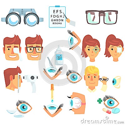 Ophthalmologist diagnostic set, treatment and correction of vision Vector Illustration