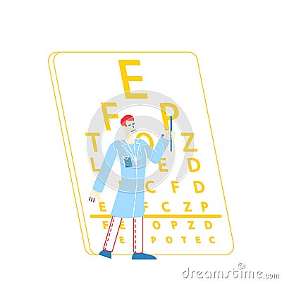 Ophthalmologist Doctor Character Test Myopia Eye. Male Oculist with Pointer Checkup Vision for Eyeglasses or Lens Vector Illustration