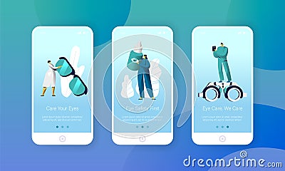 Ophthalmologist Doctor Check Eye Health Mobile App Page Onboard Screen Set. Man Oculist Character with Phone Analysis Vector Illustration