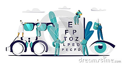 Ophthalmologist Doctor Check Eyesight for Eyeglasses Diopter. Male Oculist with Pointer Checkup eye Sight Optician Vector Illustration