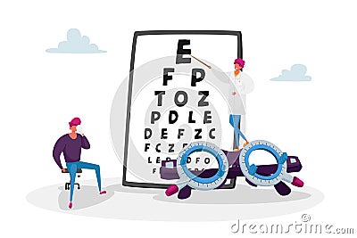 Ophthalmologist Doctor Check Up Patient Eyesight for Eyeglasses Diopter. Male Oculist with Pointer Checkup Eye Sight Vector Illustration