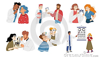 Ophthalmologist doctor checking patient eyes set Vector Illustration