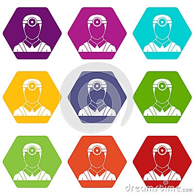 Ophthalmologist with head mirror icon set color hexahedron Vector Illustration