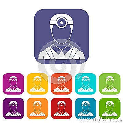 Ophthalmologist with head mirror icons set Vector Illustration