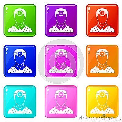 Ophthalmologist with head mirror set 9 Vector Illustration