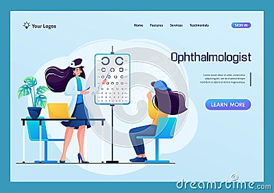 An ophthalmologist in his office tests the patient, checking his vision. Concept for landing page Vector Illustration