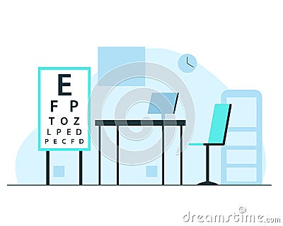 Ophthalmologist office interior. Vector concept illustration of optometrist office modern interior with white board with letters Vector Illustration