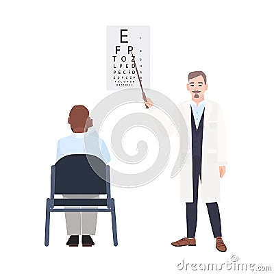 Ophthalmologist with pointer standing beside eye chart and checking eyesight of man sitting in front of it. Oculist Vector Illustration