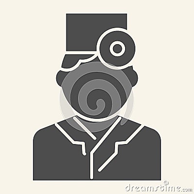 Ophthalmologist or Therapist solid icon. Medical doctor with head mirror glyph style pictogram on white background Vector Illustration