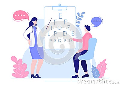 Ophthalmology of Checks Patient Sight, Optical Eyes Test, Spectacles Technology and Choosing Eyeglasses Lens in Illustration Vector Illustration