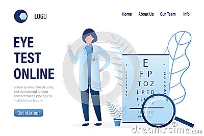 Ophthalmology Diagnostics and Eye Test landing page template Eye test chart. Vision test. Optical exam Vector Illustration