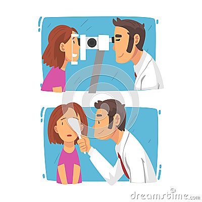 Ophthalmology Diagnostics with Teen Girl Having Eyesight and Vision Checkup and Correction Vector Set Vector Illustration