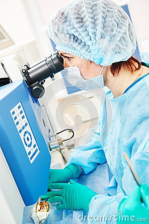 Ophthalmology eye correction. Supgeon perform operation Stock Photo