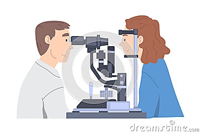Ophthalmology and Eye Examination with Man Health Care Professional Screening Patient on Slit Lamp Vector Illustration Vector Illustration