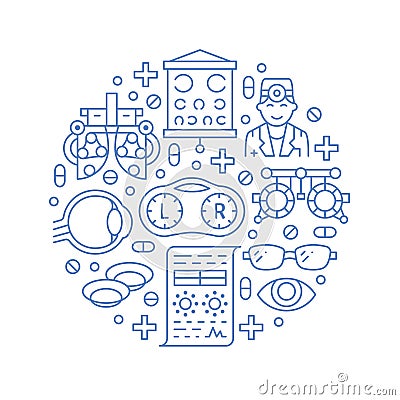 Ophthalmology, eyes health care circle porter with line icons. Optometry equipment, contact lenses, eye glasses, doctor Vector Illustration