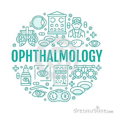 Ophthalmology, eyes health care circle porter with line icons. Vision correction brochure signs for oculist clinic Vector Illustration