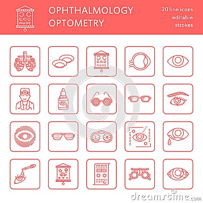 Ophthalmology, eyes health care line icons. Optometry equipment, contact lenses, glasses, blindness. Vision correction Vector Illustration