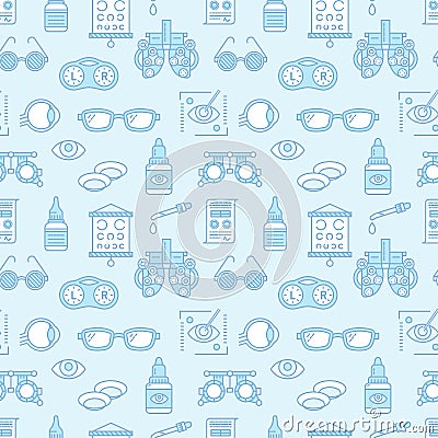 Ophthalmology, eyes health care seamless pattern, medical vector blue background. Optometry equipment, contact lenses Vector Illustration