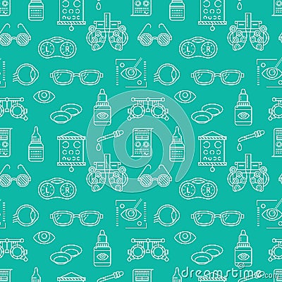 Ophthalmology, eyes health care seamless pattern, medical vector blue background. Optometry equipment, contact lenses Vector Illustration